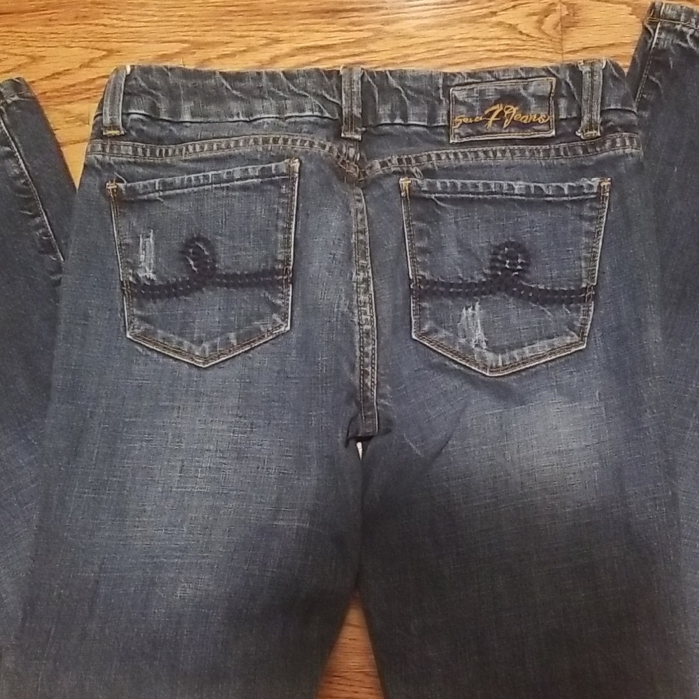 BOGO Seven7 Blue Flare Wide Leg Jeans with Faded Wash and Contrast Stitching